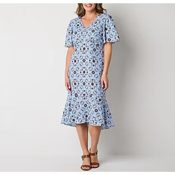 NWT Liz Claiborne Linen Blend Ruffle Long Midi Dress Blue Womens Size 10 NEW $74 - Picture 1 of 16